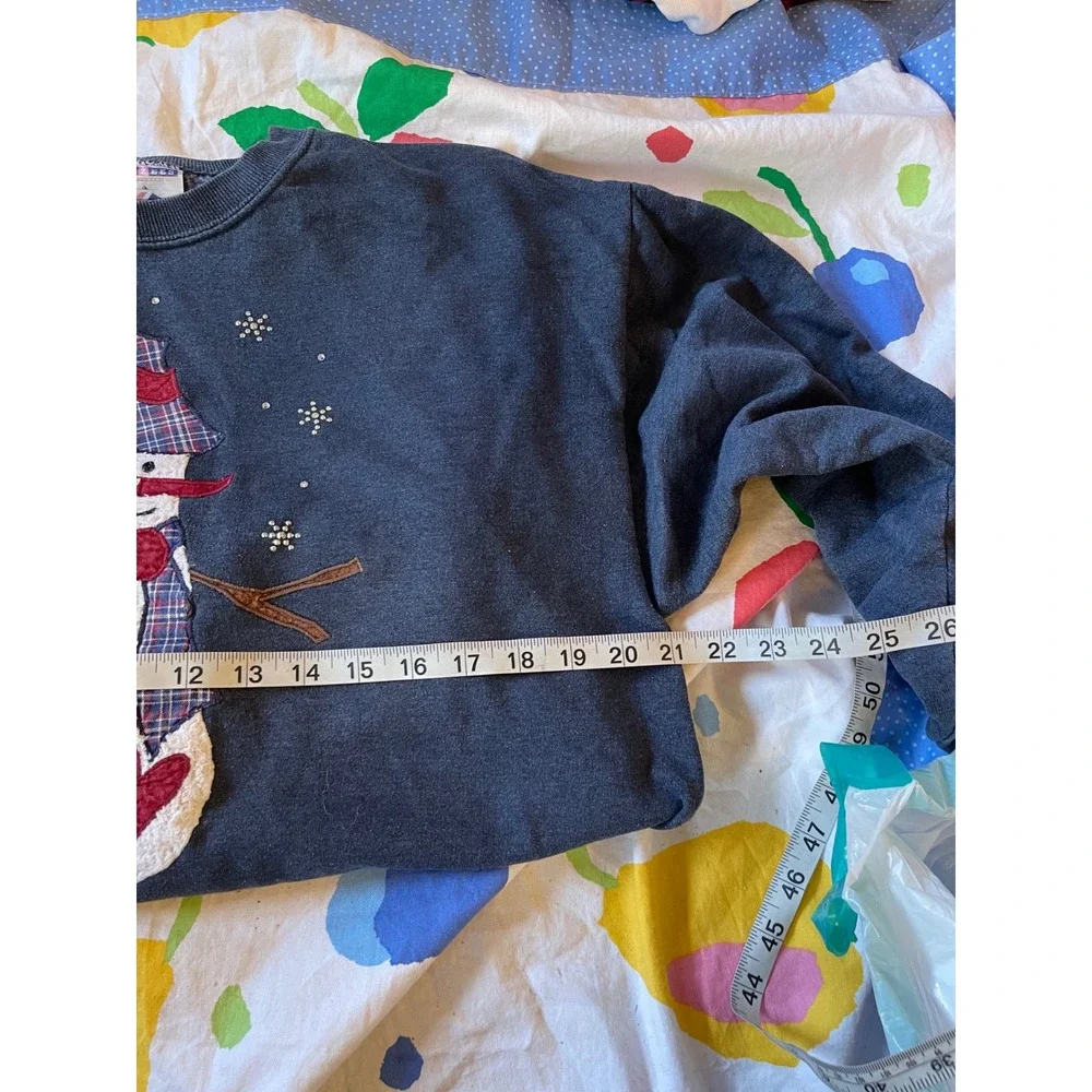 Vintage Snowman Graphic Sweatshirt Blue Christmas Crew Neck‎ Pullover Top Small